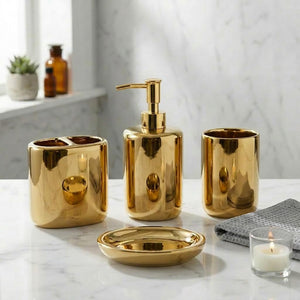 Luxury Ceramic Bath Accessories Set of 4 Pieces – Soap Dispenser, Soap Dish, Toothbrush Holder | Glossy Rich Design | Elegant Countertop Organizer for Home (Shiny Gold) Luxury Ceramic Bath Accessories Set of 4 Pieces – Soap Dispenser, Soap Dish, Toothbrush Holder | Glossy Rich Design | Elegant Countertop Organizer for Home (Shiny Gold)