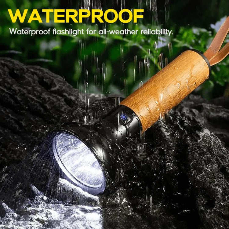 STAR WORK Bright LED Flashlight Wooden Handle | Camping & Emergency Torch (Black)