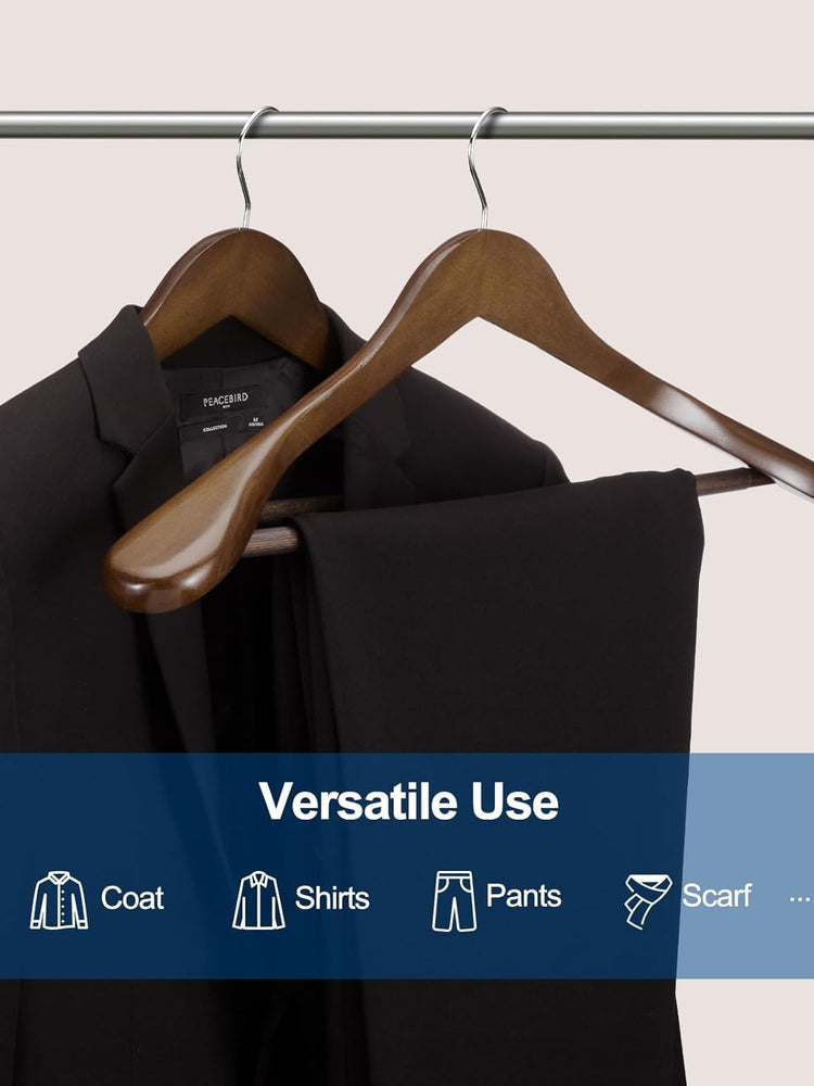 STAR WORK Wooden Coat Hangers – Wide shoulder design with non-slip bar & 360° swivel hook. (WALNUT)