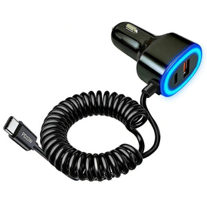 71W Super Fast Car Charger with Built-in 1.8m Coiled Type C Cable, Triple Port (PD 36W + QC 18W + PD 33W Cable) Adapter for iPhone 16/15/14, Android Smartphones, leptop,12V-24V