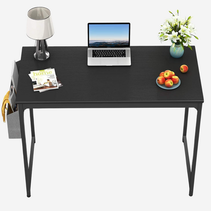 Metal Frame Workstation Modern Simple Style PC Desk with Storage Bag and Hook (Black)