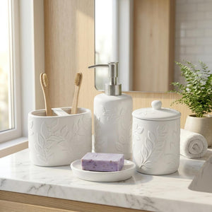 Luxury Ceramic Bath Accessories Set of 4 Pieces – Soap Dispenser, Soap Dish & Tumbler | Embossed Floral Design | Modern Bath Organizer Set | Durable & Easy to Clean Bath Set