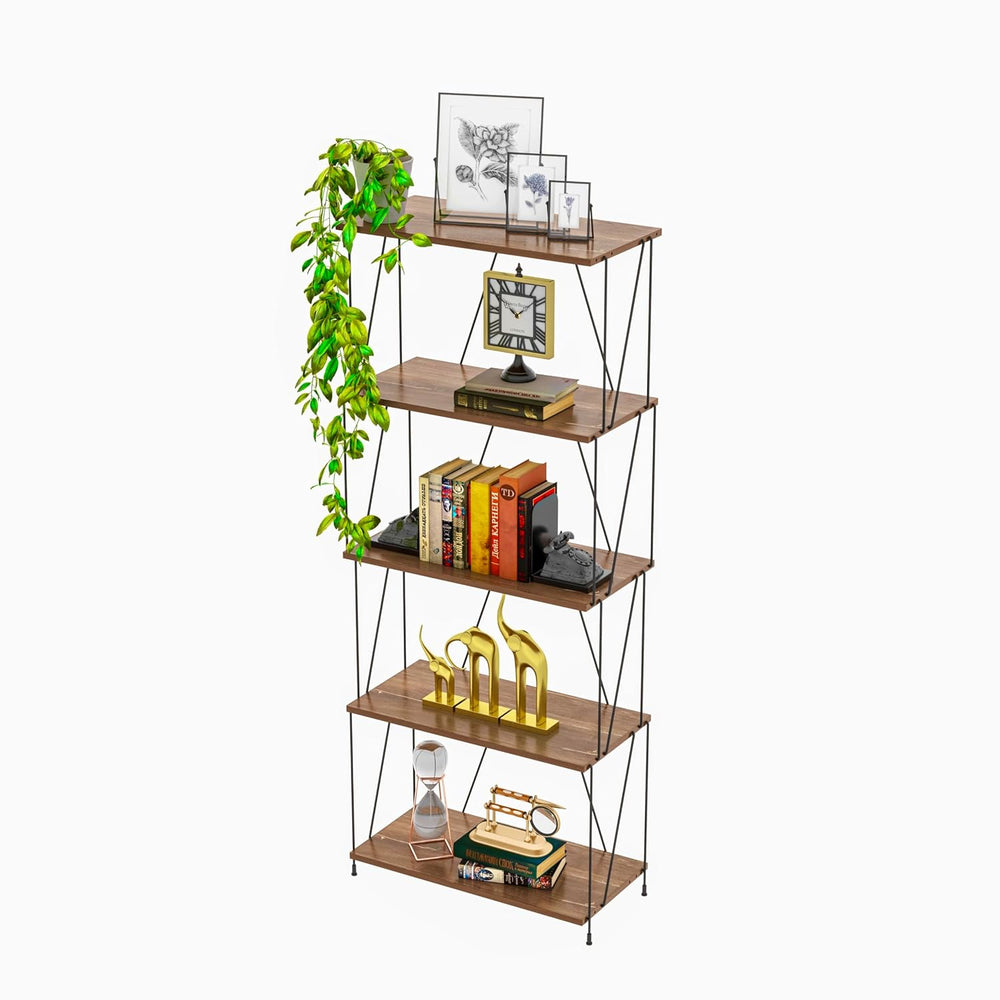 5-Tier Wooden Shelf Rack with Metal Frame – Sturdy Structure & Rustic Wood Shelves for Kitchen, Office, Kids Room, Living Room Storage & Display (Wire Rack)