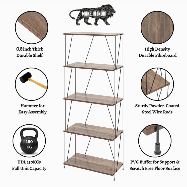 5-Tier Wooden Shelf Rack with Metal Frame – Sturdy Structure & Rustic Wood Shelves for Kitchen, Office, Kids Room, Living Room Storage & Display (Wire Rack)