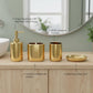 Luxury Ceramic Bath Accessories Set of 4 Pieces – Soap Dispenser, Soap Dish, Toothbrush Holder | Glossy Rich Design | Elegant Countertop Organizer for Home (Shiny Gold)