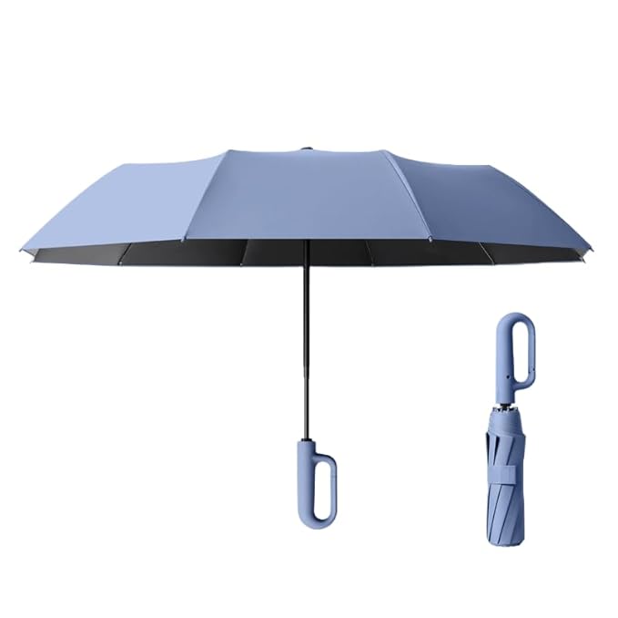 STAR WORK Umbrella with Carabiner Handle, Wind Proof Umbrellas For Rain, 46 Inch Portable Reverse Folding Umbrella, Car Umbrella for Women Men, 10 Ribs