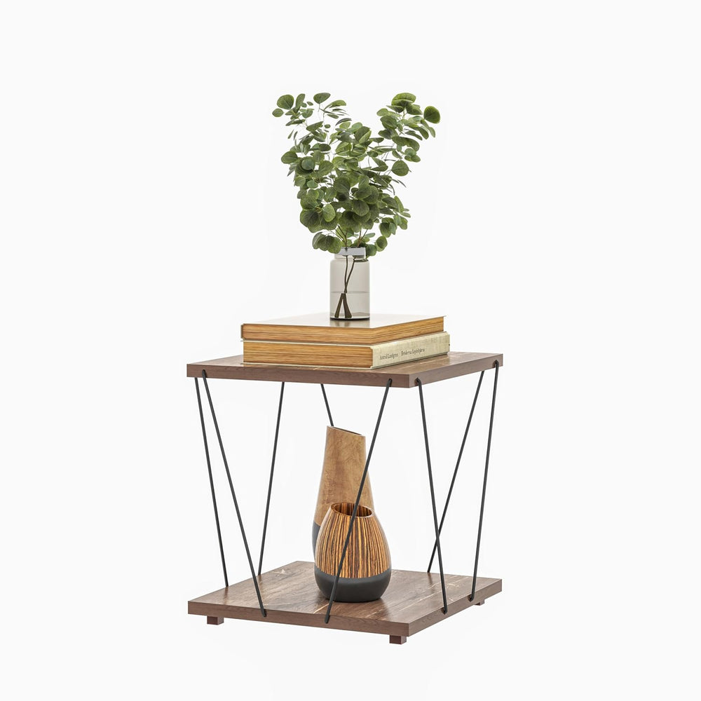 Walnut Finish Wooden End Table with Modern Metal Frame – Stylish, Sturdy & Space-Saving Side Table for Living Room, Bedroom, Décor, Books, Plants & Home Display. (Wire END Table)