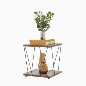 Walnut Finish Wooden End Table with Modern Metal Frame – Stylish, Sturdy & Space-Saving Side Table for Living Room, Bedroom, Décor, Books, Plants & Home Display. (Wire END Table)
