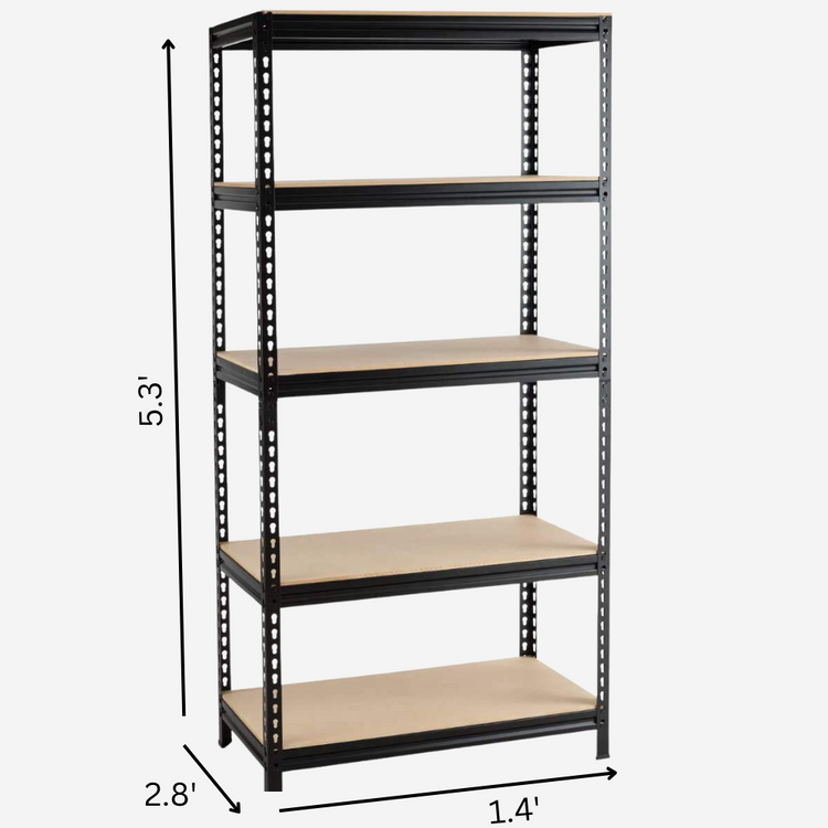 5- Adjustable Section Rack & Shelves Industrial Storage Shelving Unit Boltless Rivet |5 Sections (Height 5.3 ft. | Length 2.8 ft. | Dimension 1.4ft (Steel, Wood Finish, Chrome)