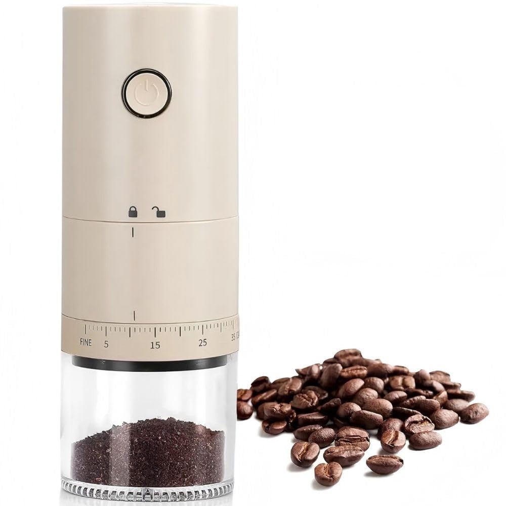Automatic Coffee Grinder – Adjustable Burr Mill with Precision Coarseness Control |Portable | USB Rechargeable, Compact & Durable Design for Espresso, French Press & Pour Over. (Cream)