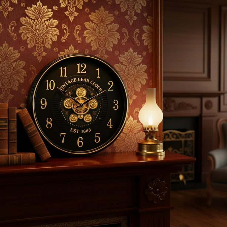 Vintage Gear Wall Clock Industrial Rustic Farmhouse Classic Style Mechanical Charm Perfect for Living Room Bedroom Office or Entryway Décor (Black -20 INCH)