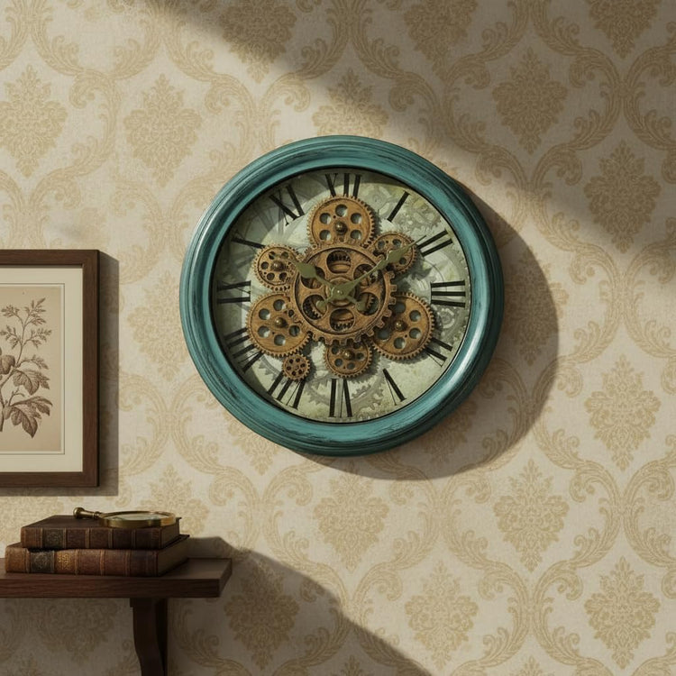 Vintage Gear Wall Clock Industrial Rustic Farmhouse Classic Style Mechanical Charm Perfect for Living Room Bedroom Office or Entryway Décor (Blue -14 INCH)