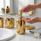 Luxury Ceramic Bath Accessories Set of 4 Pieces – Soap Dispenser, Soap Dish, Toothbrush Holder | Glossy Rich Design | Elegant Countertop Organizer for Home (Shiny Gold)
