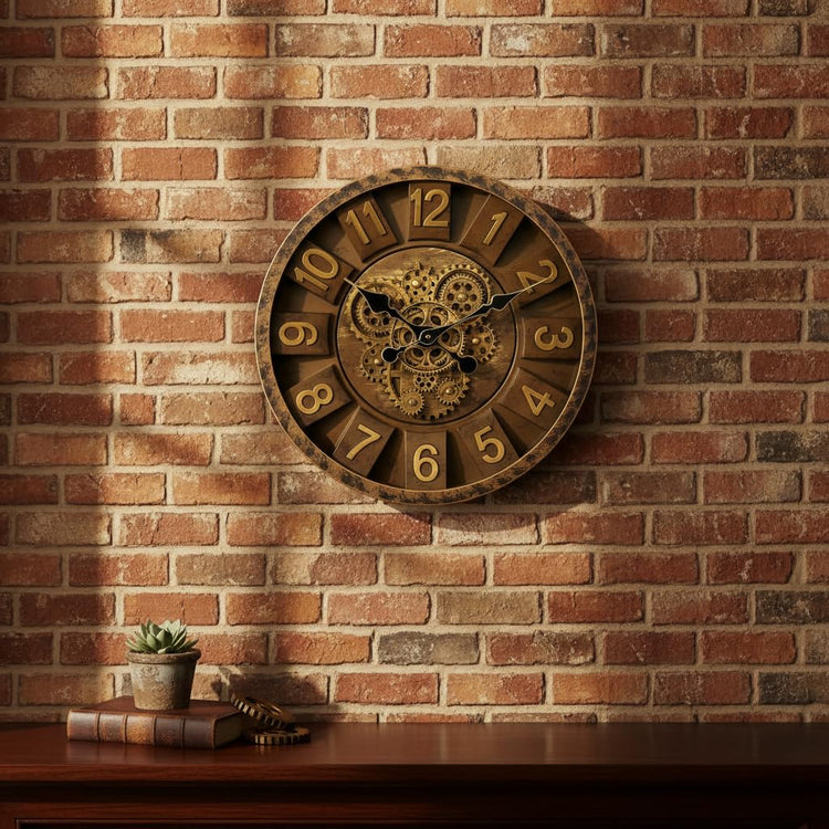 Vintage Gear Wall Clock Industrial Rustic Farmhouse Classic Style Mechanical Charm Perfect for Living Room Bedroom Office or Entryway Décor (Brown -16 INCH)