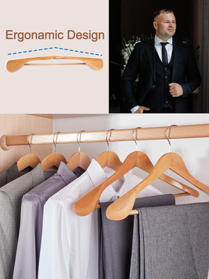 STAR WORK Wooden Coat Hangers – Wide shoulder design with non-slip bar & 360° swivel hook. (Beige)