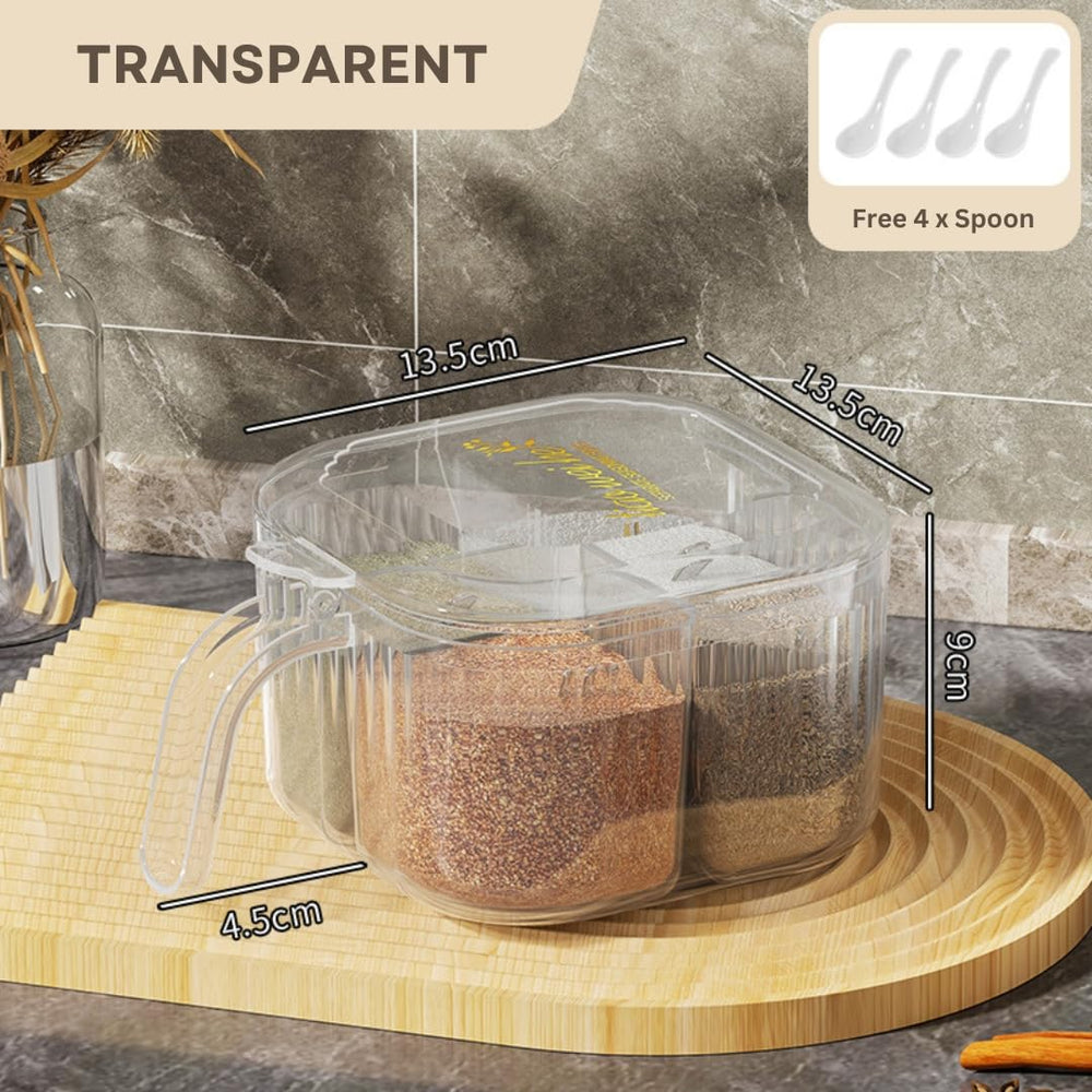 Star Work Acrylic Spice Box 4-Compartment | Transparent with Spoon
