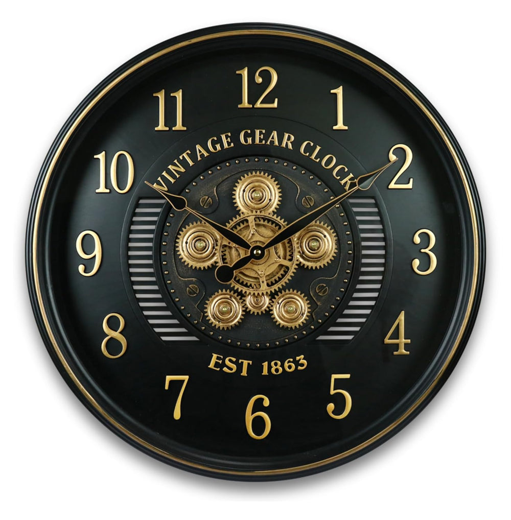 Vintage Gear Wall Clock Industrial Rustic Farmhouse Classic Style Mechanical Charm Perfect for Living Room Bedroom Office or Entryway Décor (Black -20 INCH)