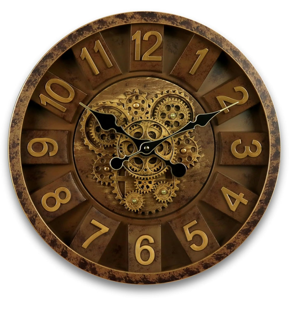 Vintage Gear Wall Clock Industrial Rustic Farmhouse Classic Style Mechanical Charm Perfect for Living Room Bedroom Office or Entryway Décor (Brown -16 INCH)