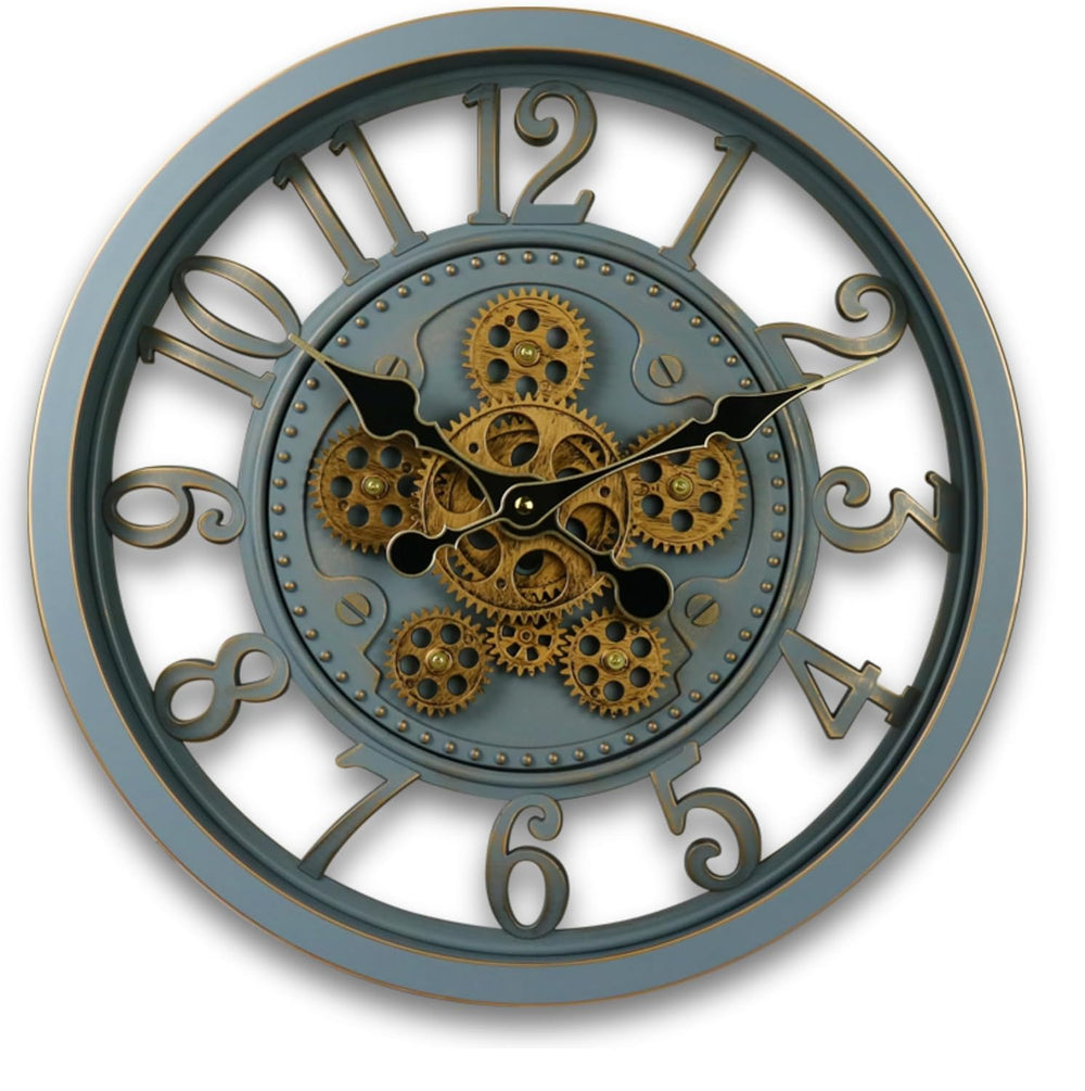 Vintage Gear Wall Clock Industrial Rustic Farmhouse Classic Style Mechanical Charm Perfect for Living Room Bedroom Office or Entryway Décor (Grey -16 INCH)