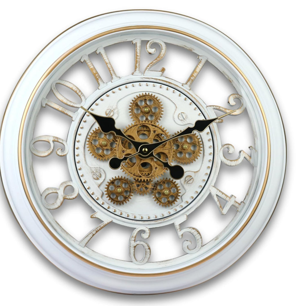 Vintage Gear Wall Clock Industrial Rustic Farmhouse Classic Style Mechanical Charm Perfect for Living Room Bedroom Office or Entryway Décor (White -18 INCH)