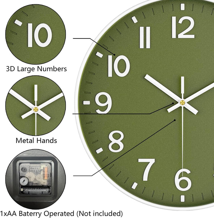 Silent Non Ticking Quality Quartz Battery Operated Easy to Read Decorative Modern Design Glass, Plastic Wall Clock (Lime Green)