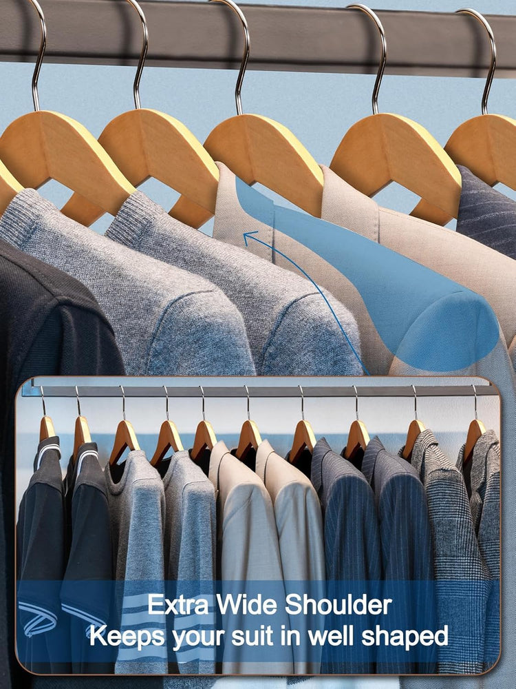 STAR WORK Wooden Coat Hangers – Wide shoulder design with non-slip bar & 360° swivel hook. (Beige)