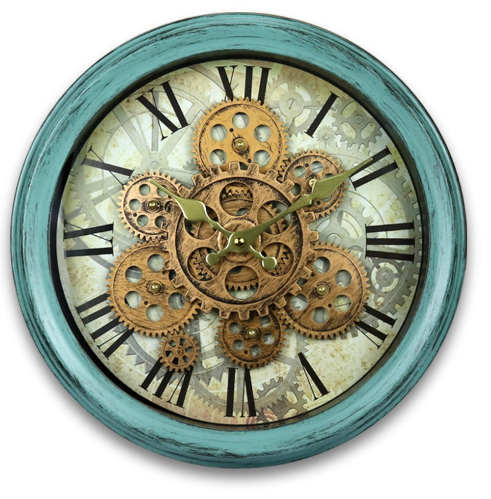 Vintage Gear Wall Clock Industrial Rustic Farmhouse Classic Style Mechanical Charm Perfect for Living Room Bedroom Office or Entryway Décor (Blue -14 INCH)