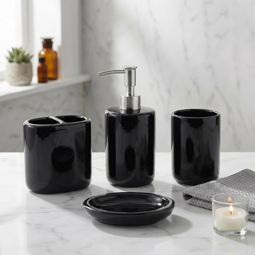 Luxury Ceramic Bath Accessories Set of 4 Pieces – Soap Dispenser, Soap Dish, Toothbrush Holder | Glossy Rich Design | Elegant Countertop Organizer for Home (Deep Black)