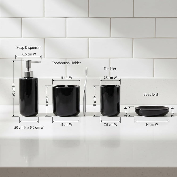 Luxury Ceramic Bath Accessories Set of 4 Pieces – Soap Dispenser, Soap Dish, Toothbrush Holder | Glossy Rich Design | Elegant Countertop Organizer for Home (Deep Black)
