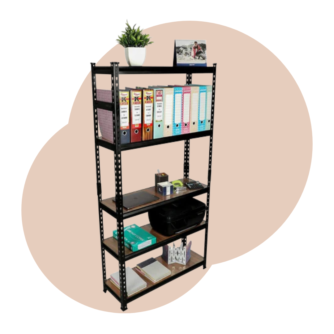 5-Tier Heavy Duty Black Storage Shelves with file support bar
