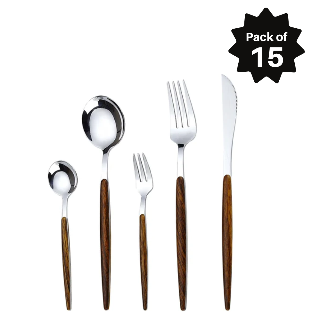 Stainless Steel Wooden Dinner Spoon Set for Home-Restaurant-Hotel Set Of 15