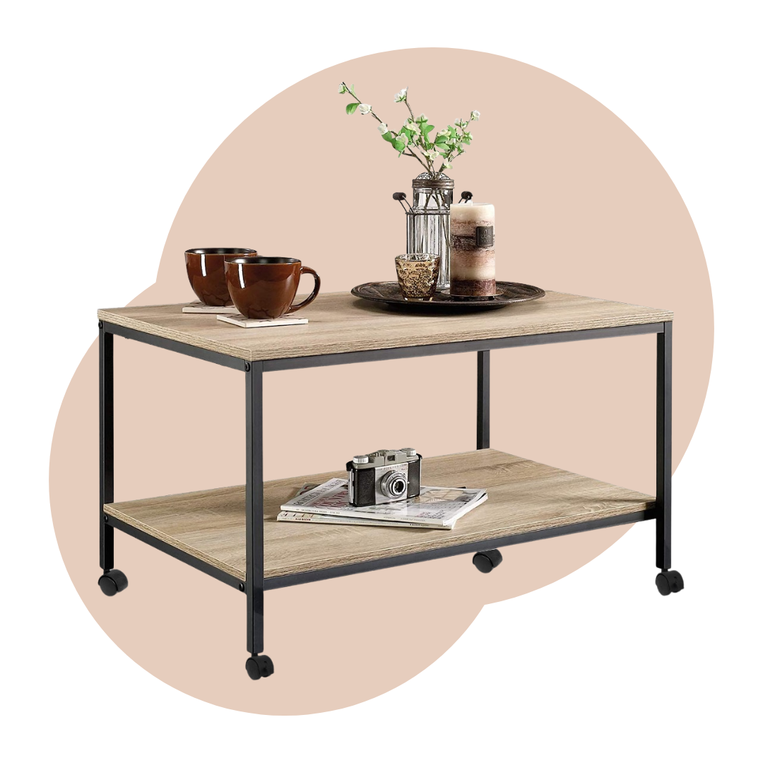 2-Tier Heavy Duty Coffee Center Table with Wheels For Home & Office