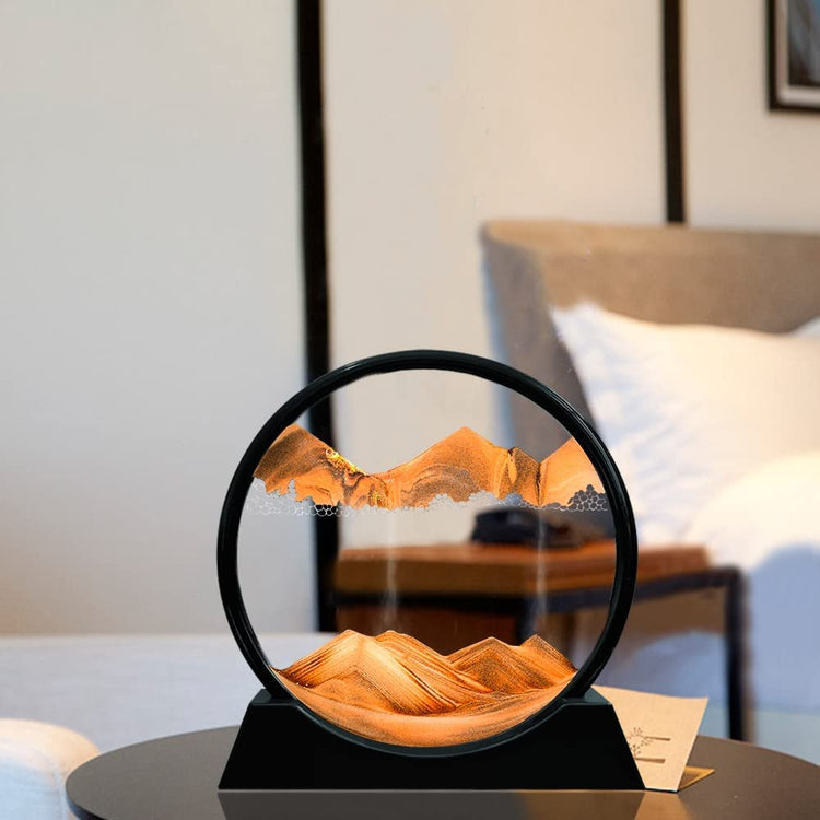 STAR WORK Moving Sand Art Picture Round Glass 3D Deep Sea Sand scape in Motion Display Flowing Sand Frame Relaxing Desktop Home Office Work Decor Black Frame (12 IN,7 IN, ORANGE)