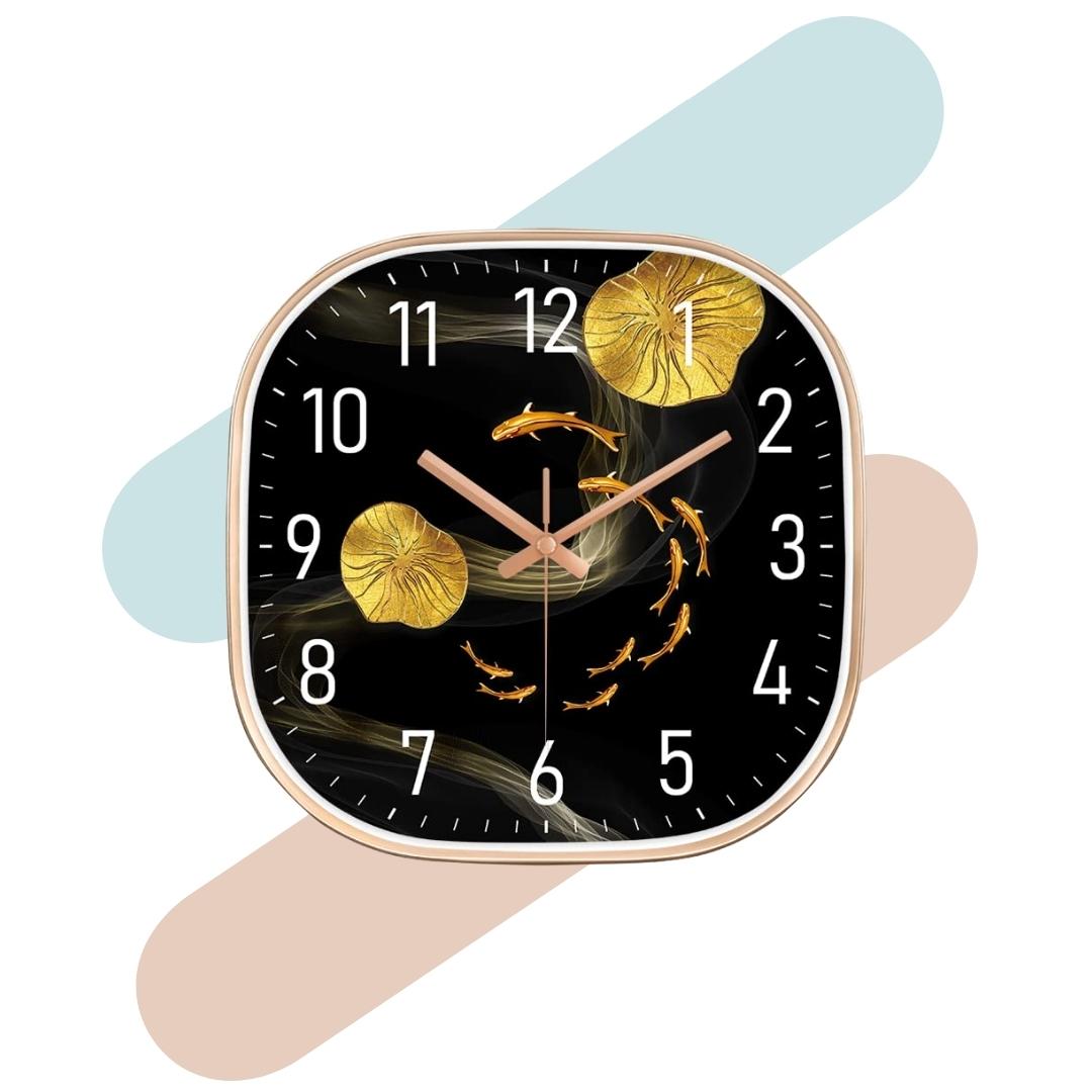 Star Work Silence non-ticking Plastic Frame Gold Fish Square Wall Clock