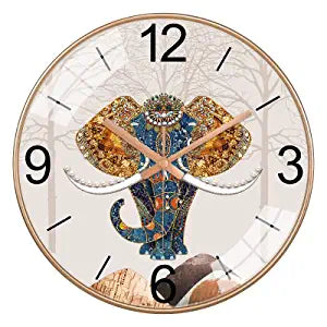 Silent Mute Wall Clocks | Plastics Frame Glass Cover (Elephant Round Clock)