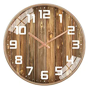 Silent Mute Wall Clocks | Plastics Frame Glass Cover (Beige Wooden Round)