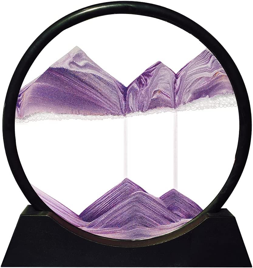 STAR WORK Moving Sand Art Picture Round Glass 3D Deep Sea Sand scape in Motion Display Flowing Sand Frame Relaxing Desktop Home Office Work Decor Black Frame (12 IN,7 IN, PURPLE)