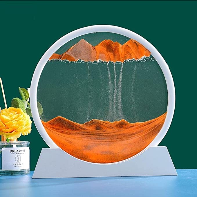 STAR WORK Moving Sand Art Decor - Round Moving Sand Art Frame, Sand Art Liquid Motion, Stress Relief, Suitable for Living Room, Office, Home, Art Gallery In White Frame (12 IN, 7 IN ,ORANGE)