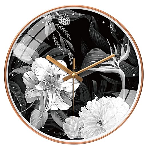 Silence Wall Clock Non-Ticking Quiet Decorative - Black Flower