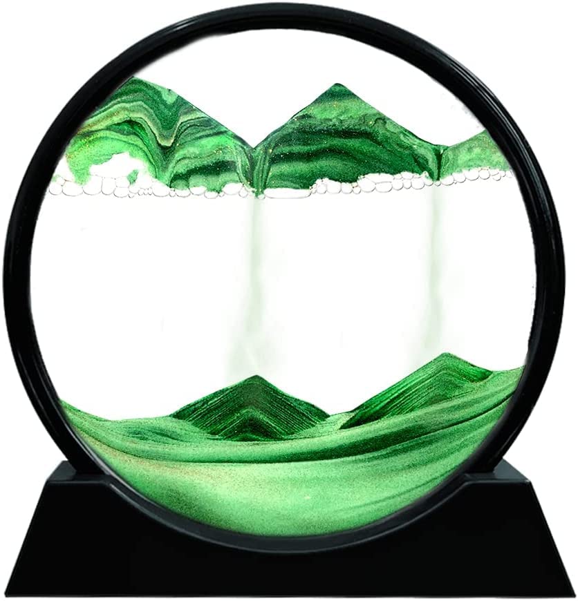 STAR WORK Moving Sand Art Picture Round Glass 3D Deep Sea Sand scape in Motion Display Flowing Sand Frame Relaxing Desktop Home Office Work Decor Black Frame (12 IN,7 IN, 	GREEN)