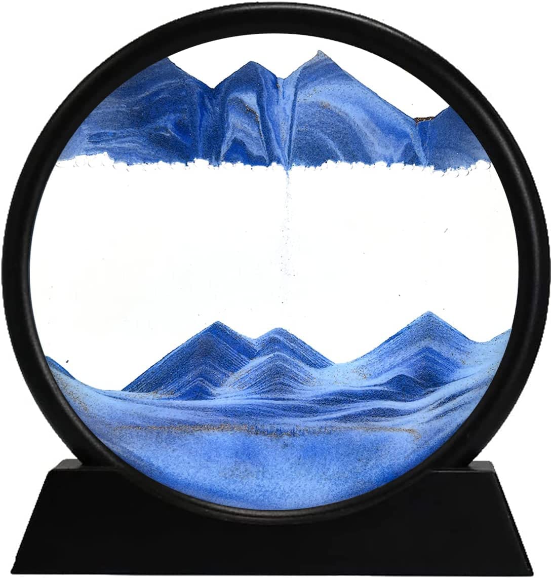 STAR WORK Moving Sand Art Picture Round Glass 3D Deep Sea Sand scape in Motion Display Flowing Sand Frame Relaxing Desktop Home Office Work Decor Black Frame (12 IN,7 IN, BLUE)