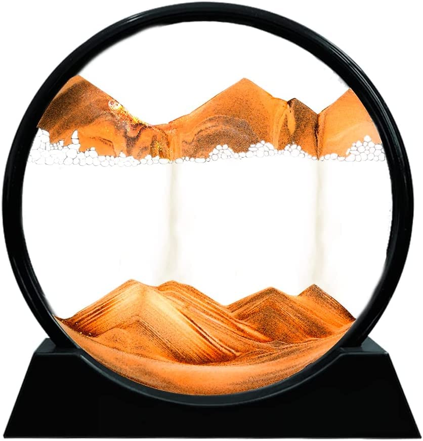 STAR WORK Moving Sand Art Picture Round Glass 3D Deep Sea Sand scape in Motion Display Flowing Sand Frame Relaxing Desktop Home Office Work Decor Black Frame (12 IN,7 IN, ORANGE)