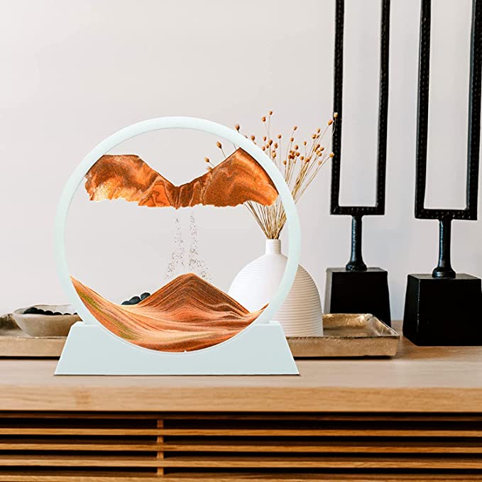 STAR WORK Moving Sand Art Decor - Round Moving Sand Art Frame, Sand Art Liquid Motion, Stress Relief, Suitable for Living Room, Office, Home, Art Gallery In White Frame (12 IN, 7 IN ,ORANGE)