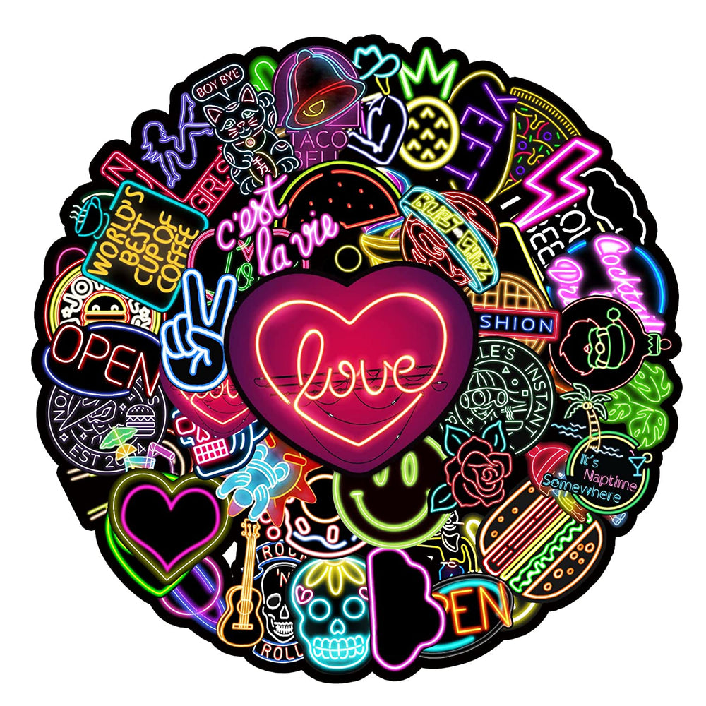 50 Pcs Of Dark Neon Stickers, Vinyl Waterproof Stickers for Water Bottles, Laptop, Skateboard.