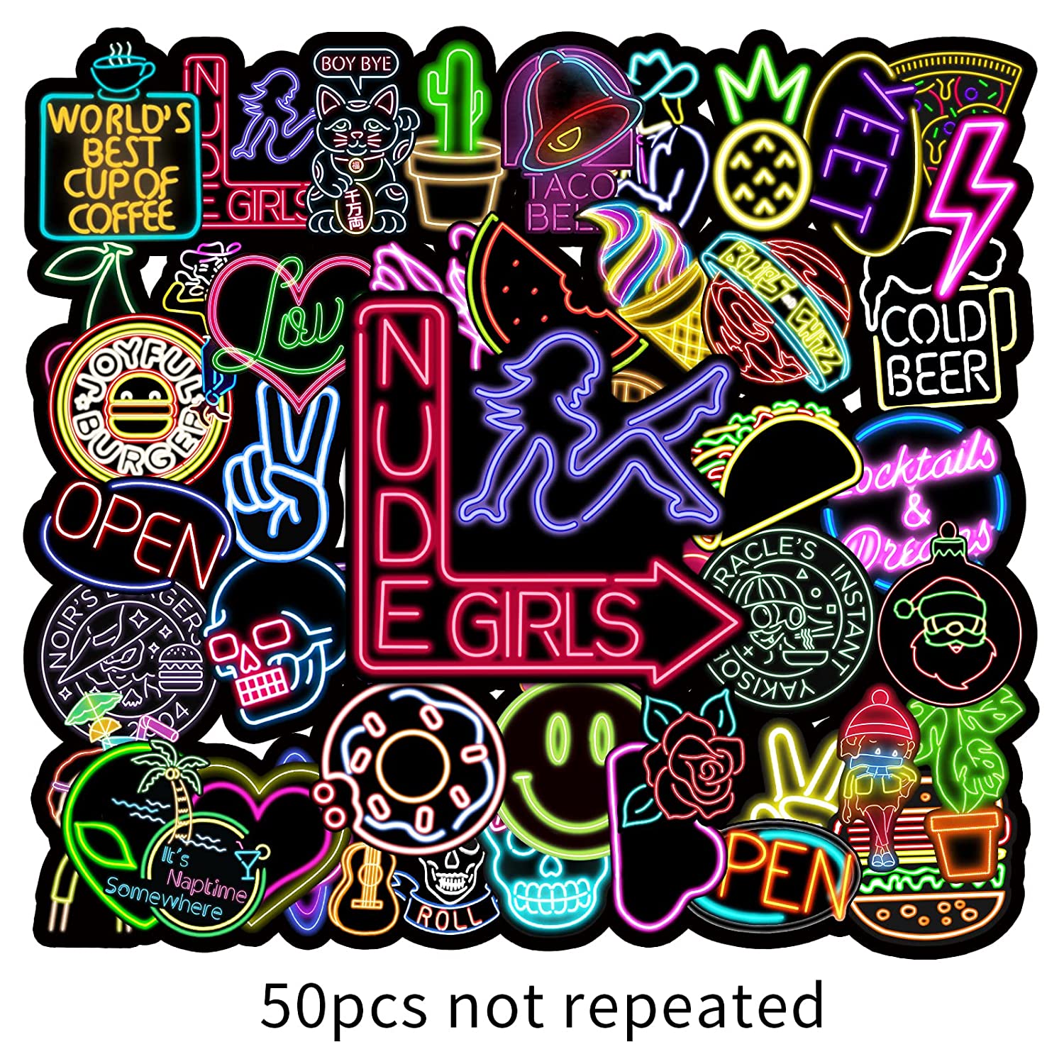 50 Pcs Of Dark Neon Stickers, Vinyl Waterproof Stickers for Water Bottles,  Laptop, Skateboard.