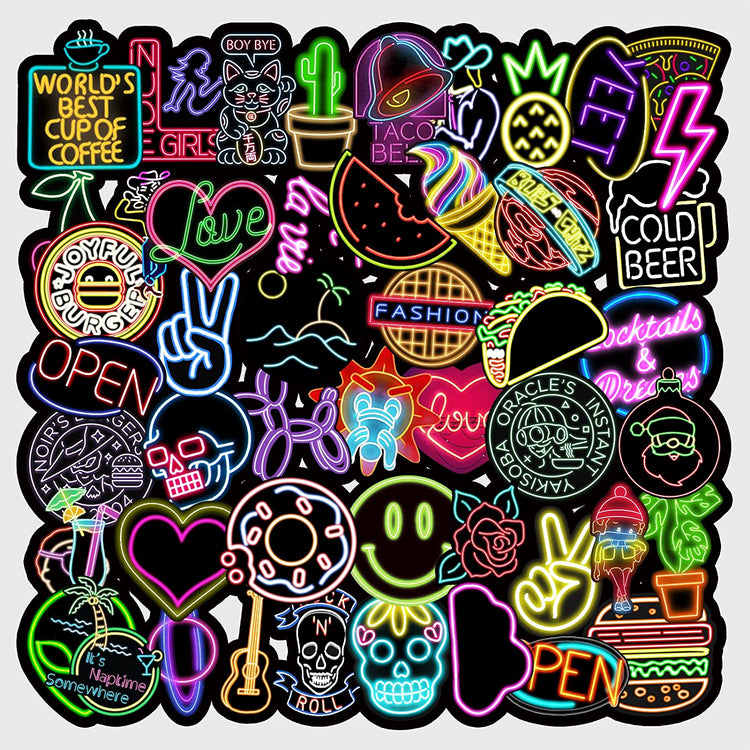 50 Pcs Of Dark Neon Stickers, Vinyl Waterproof Stickers for Water Bottles, Laptop, Skateboard.